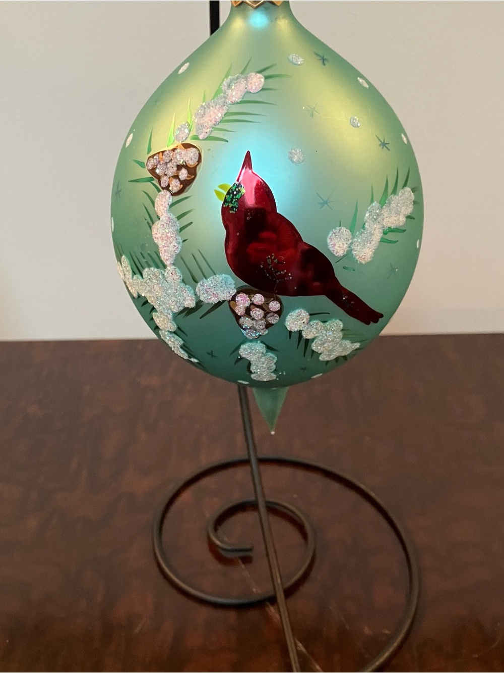 Christopher Teardrop Frosty Cardinal Bird Pinecones Teal Christmas Ornament 8in